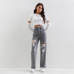 Zerstörte Graue Jeans mit Knöpfen