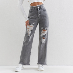 Zerstörte Graue Jeans mit Knöpfen