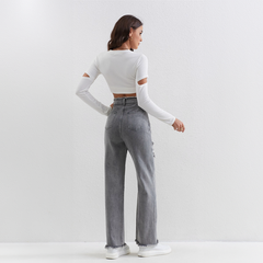 Zerstörte Graue Jeans mit Knöpfen