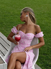 Schulterfreies Blumen-Midikleid mit Schlitz