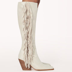 Kniehohe Fransenstiefel mit Blockabsatz