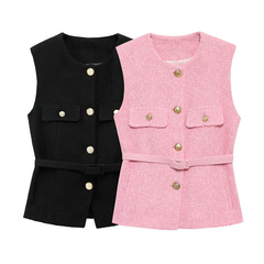 Tweed-Weste mit Gürtel und Goldknöpfen