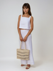 Leinen-Zweiteiler mit weitem Rock