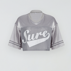 Silbernes Mesh-T-Shirt mit V-Ausschnitt