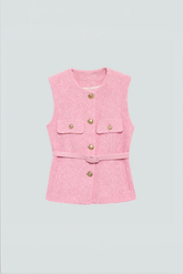 Tweed-Weste mit Gürtel und Goldknöpfen