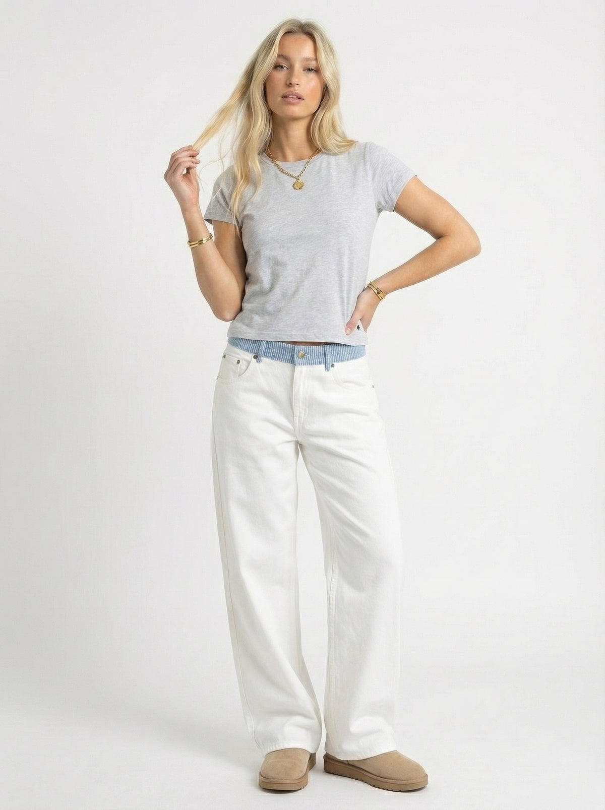 Contrast Waist Wide Leg Jeans